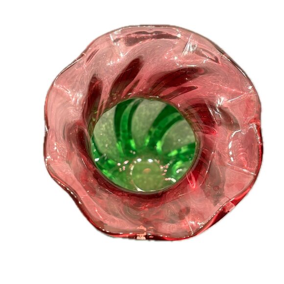 Swirled Glass Vase Tulip Shape Urn Ruffled Rim Deep Pink Green Ombre Vintage - Picture 2 of 4